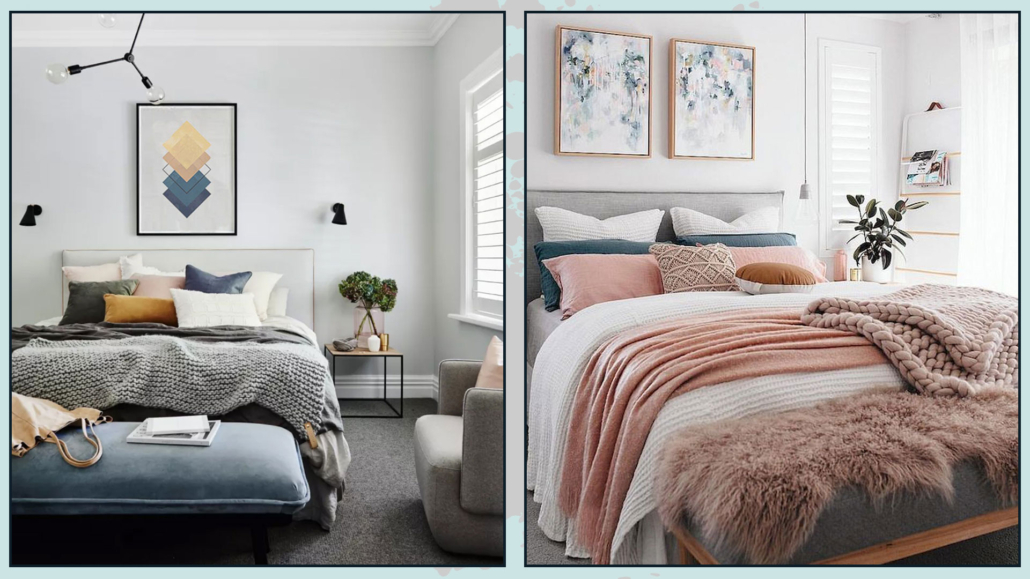Interno luminoso e moderno della camera da letto con piccolo comodino in  legno, giardino in un barattolo, biancheria da letto bianca, cuscini  colorati e coperta. spazio con pareti blu e parquet in